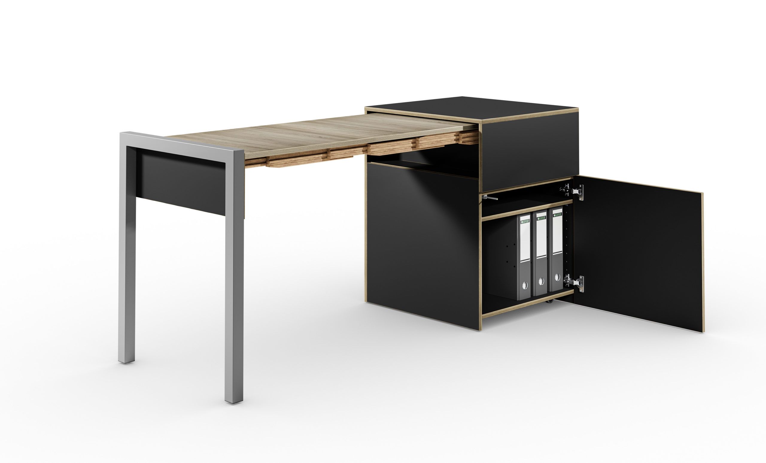 Schreibtisch, ausziehbar, Rollcontainer mit Tür, supermatt schwarz/Vintage Eiche – “ALWIN’S SPACE BOX”
