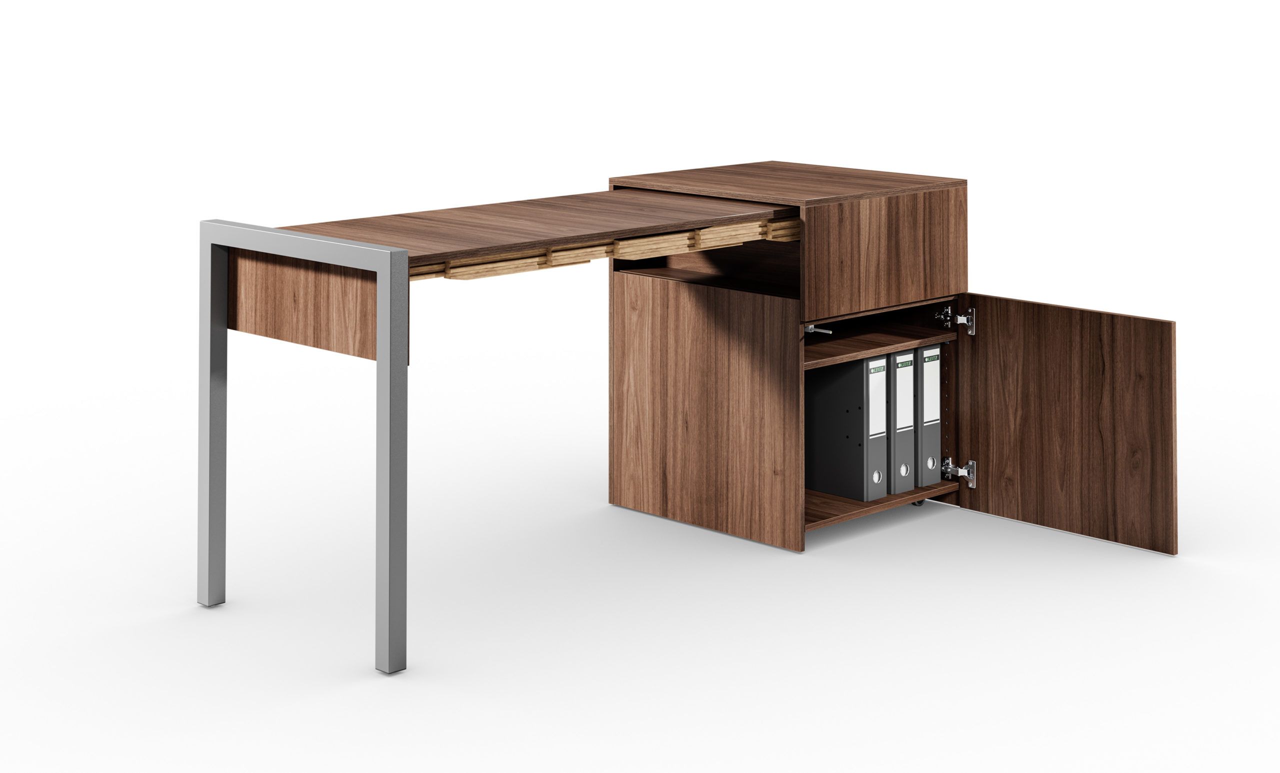 Schreibtisch, ausziehbar, Rollcontainer mit Tür, Nußbaum/Nußbaum – “ALWIN’S SPACE BOX”