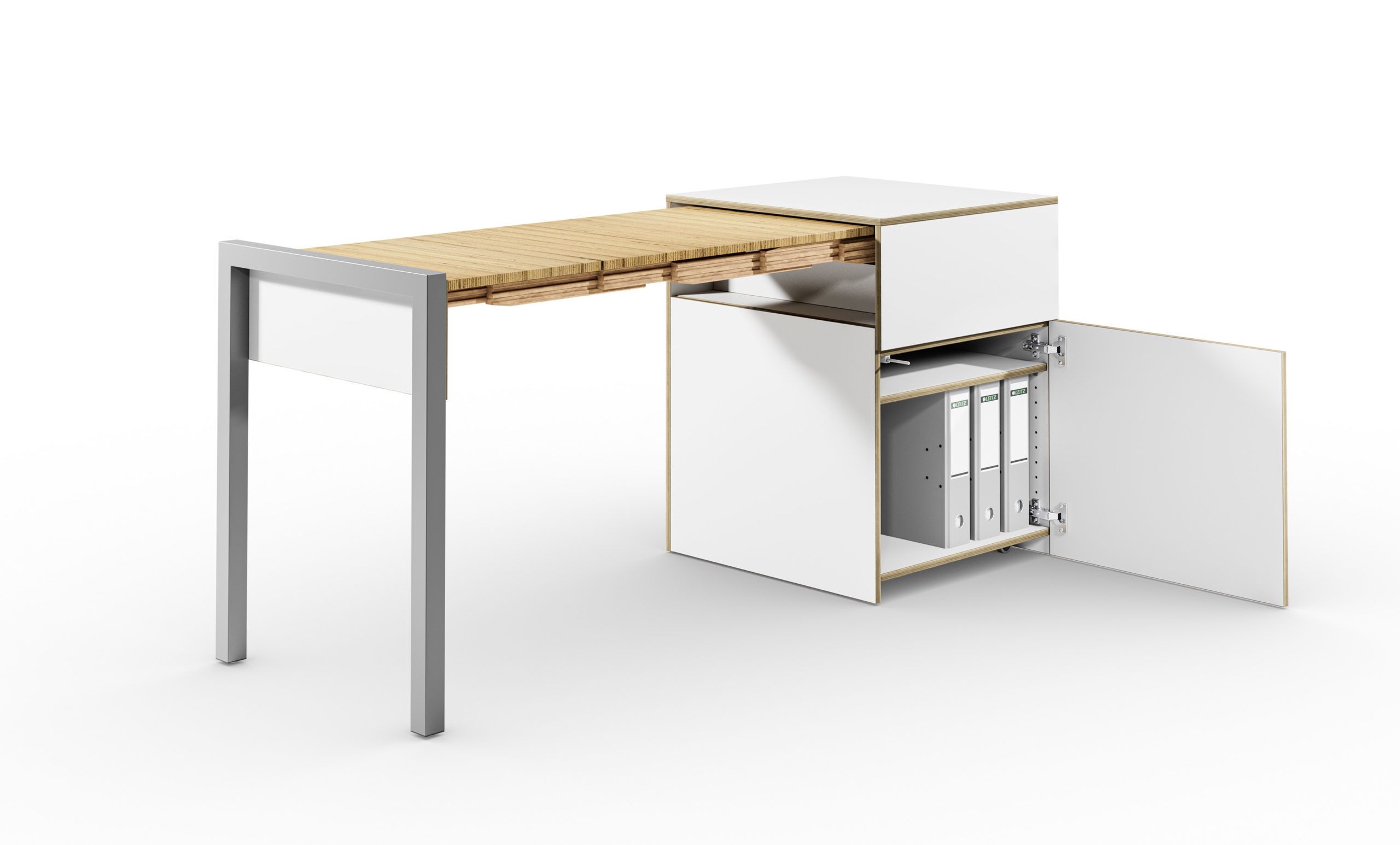 Schreibtisch, ausziehbar, Rollcontainer mit Tür, weiß/Buchen-Furnierschichtholz – “ALWIN’S SPACE BOX”