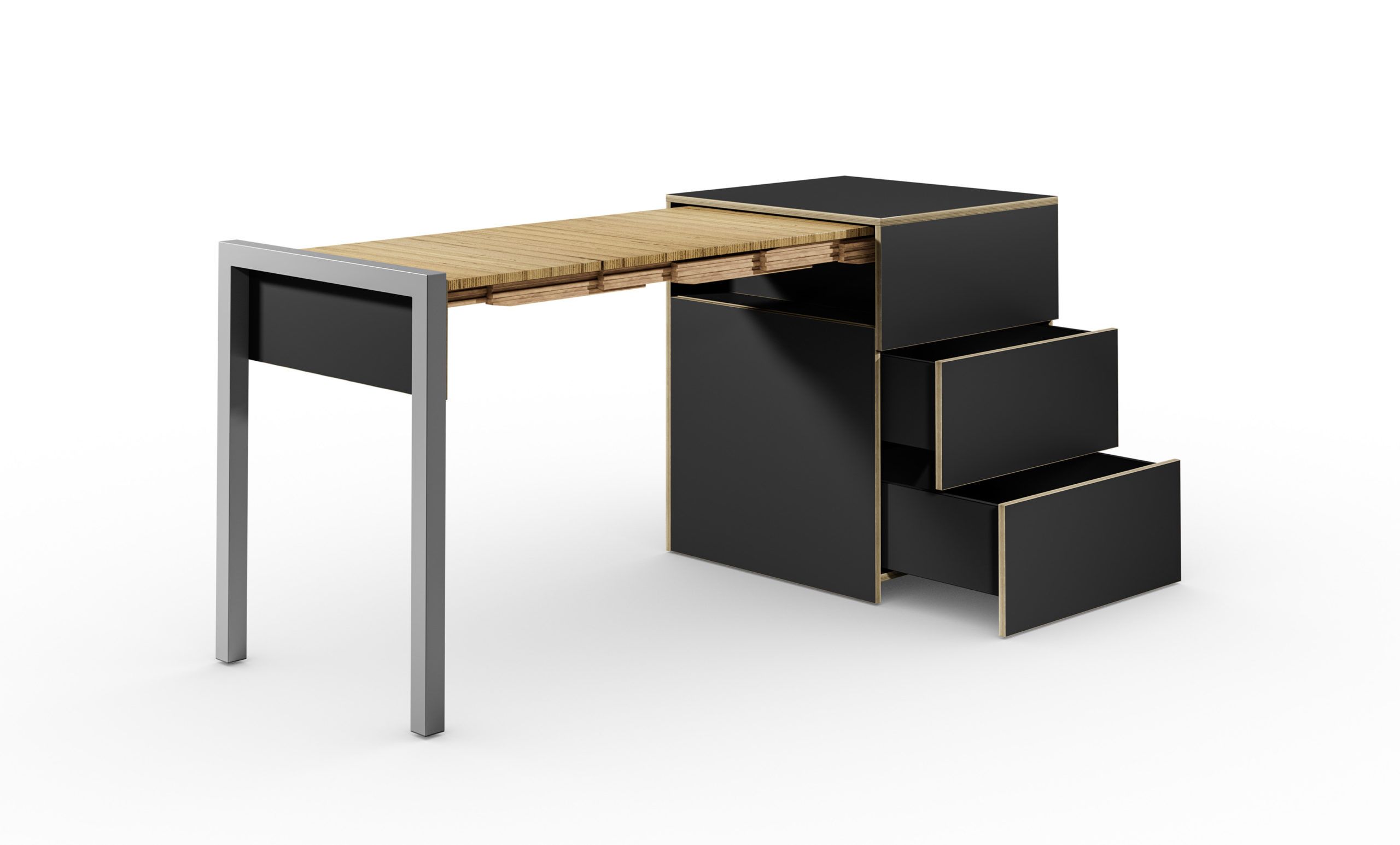 Schreibtisch, ausziehbar, Rollcontainer mit Schubladen, supermatt schwarz/Buchen-Furnierschichtholz – “ALWIN’S SPACE BOX”