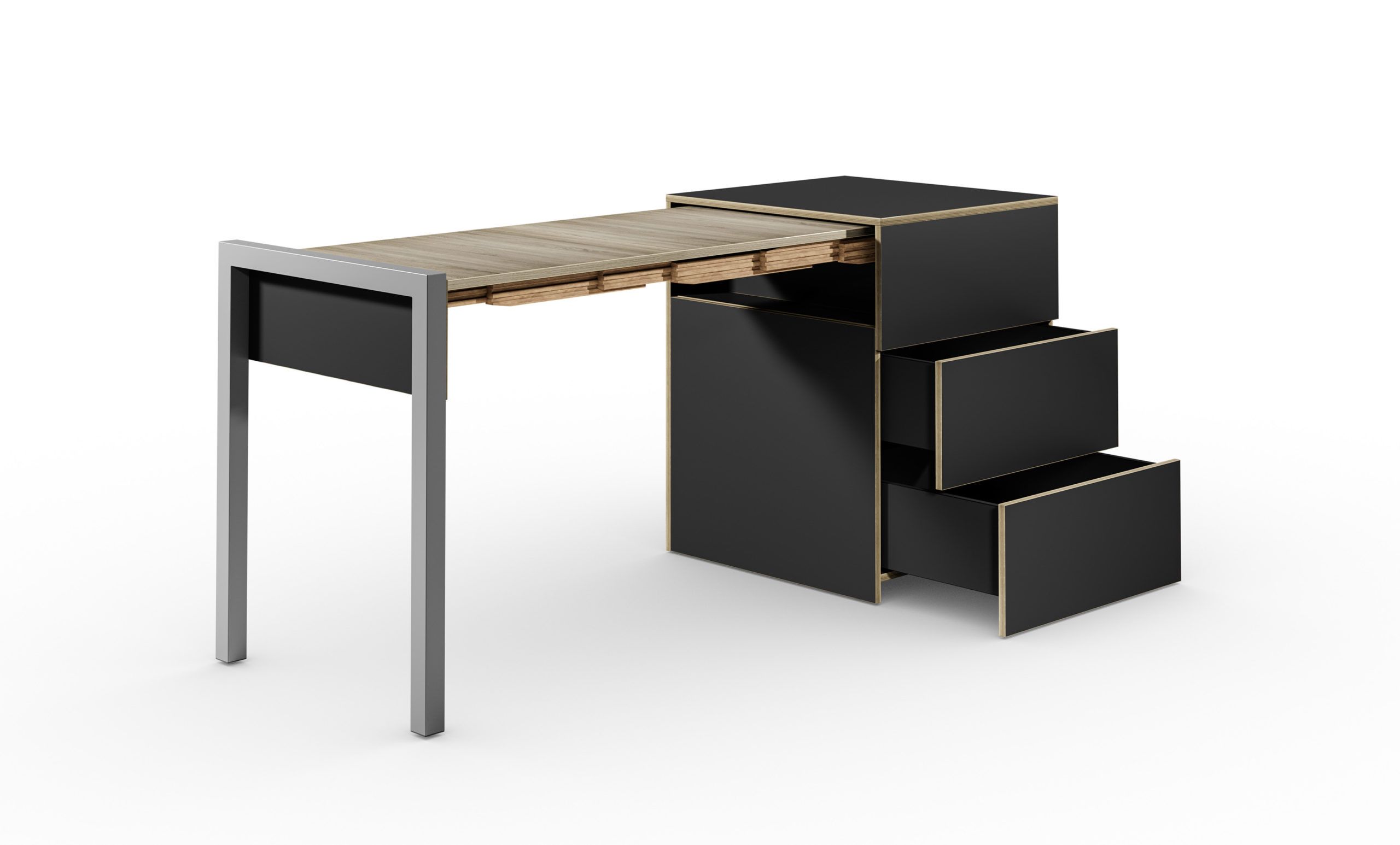 Schreibtisch, ausziehbar, Rollcontainer mit Schubladen, supermatt schwarz/Vintage Eiche – “ALWIN’S SPACE BOX”